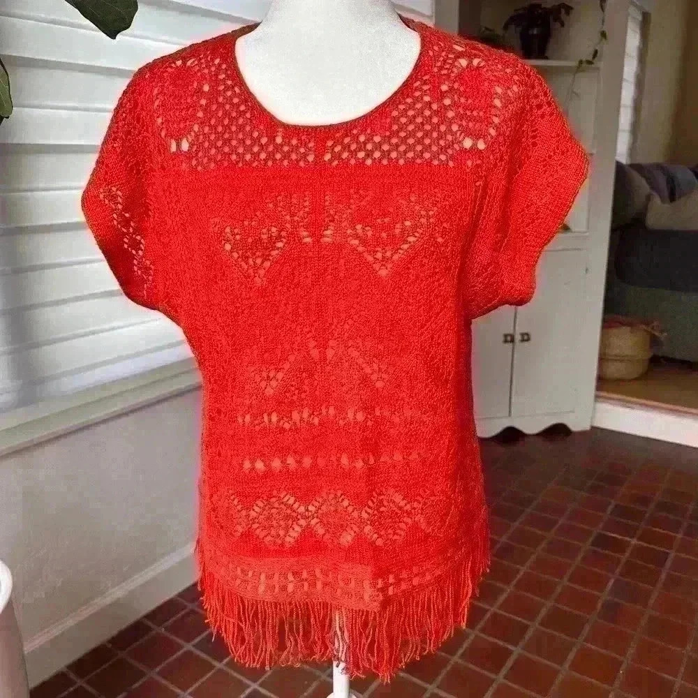 CHICO'S Alana Fringe Pullover Crochet Sweater in Red Orange | Size 1